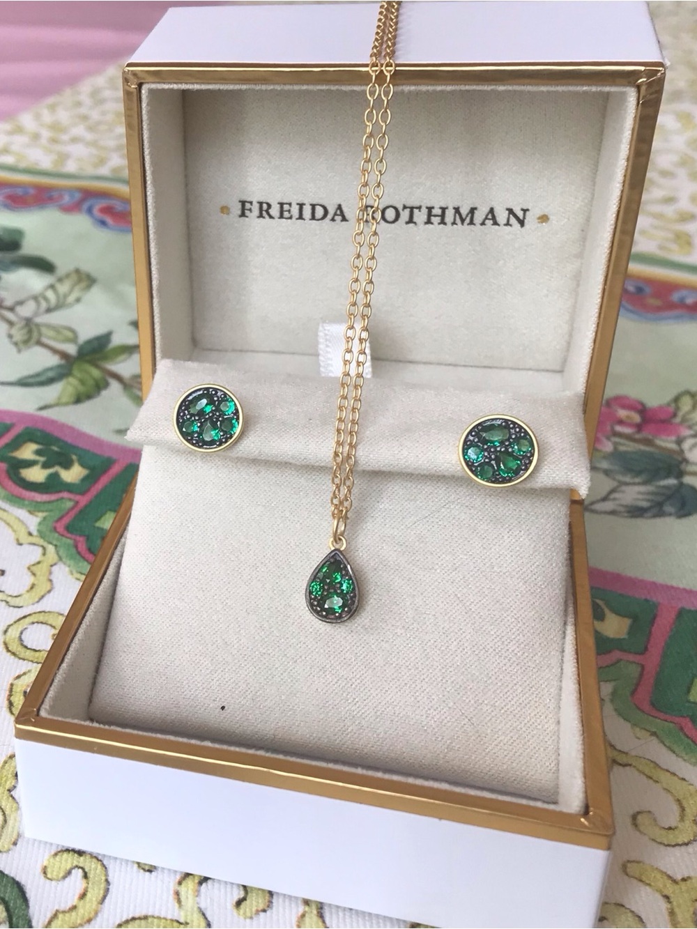 Freida Rothman Gold Necklace & Earrings Set with Green Crystal Teardrop